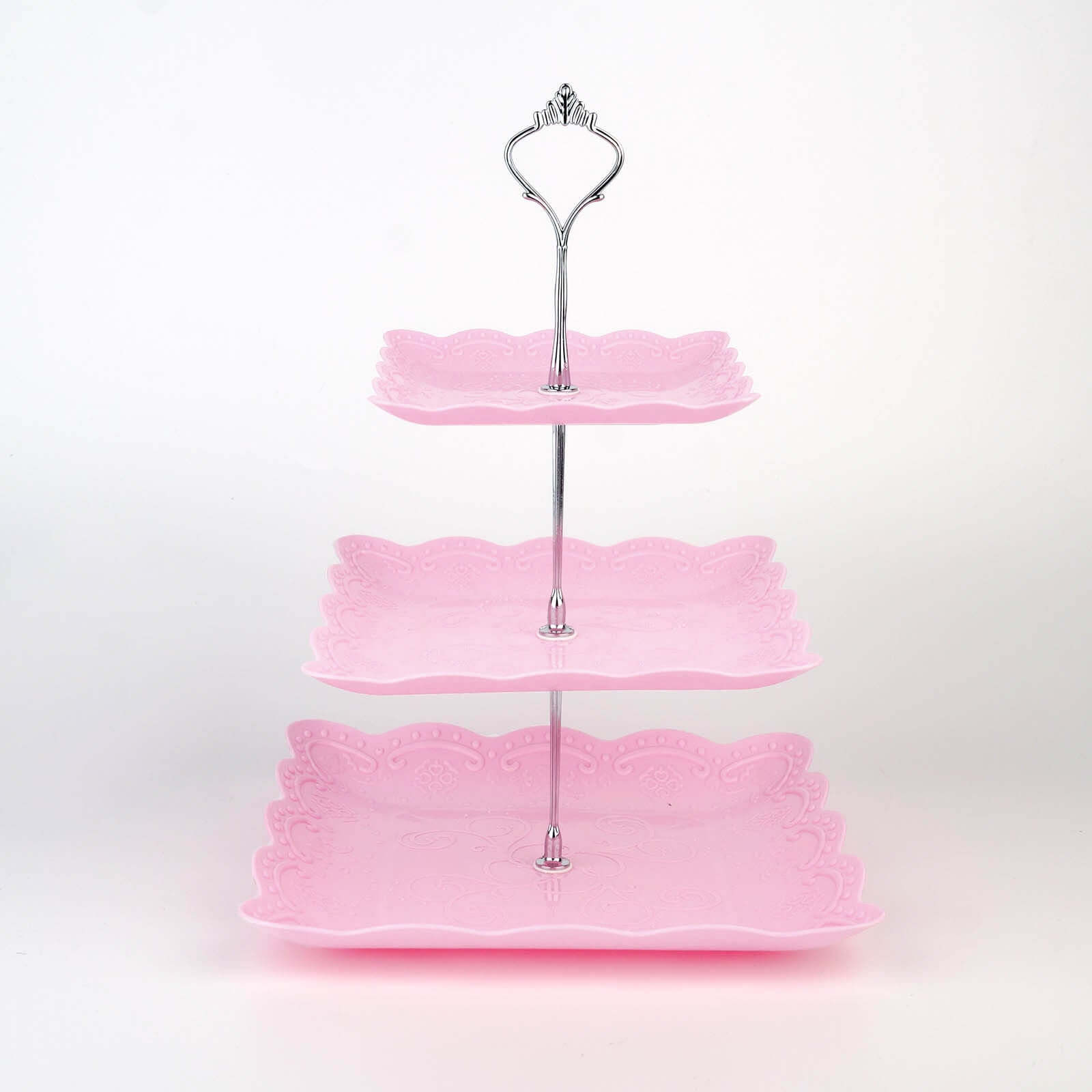 3-Tier Plastic Square Cupcake Stand Tower Pink - Charming Easy to Assemble Dessert Display Serving Tray Platter with Floral Embossed Scalloped Rim & Silver Handle for Tea Parties Weddings & Special Occasions 13"