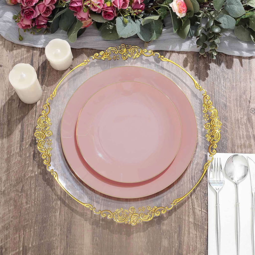 10-Pack Plastic 8" Round Dessert Plates in Dusty Rose with Gold Rim - Glossy Disposable Appetizer Salad Plates