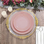 10-Pack Plastic 8" Round Dessert Plates in Dusty Rose with Gold Rim - Glossy Disposable Appetizer Salad Plates