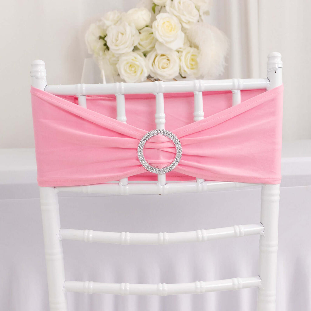 5 Pack Stretch Spandex Chair Sashes Pink - Reusable Chair Bands with Silver Diamond Ring Slide Buckle 5"x14"