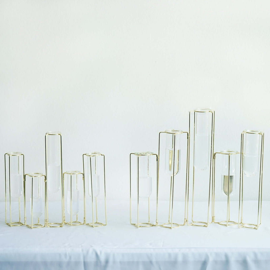 Set of 5 Wedding Centerpieces Gold Frame Conjoined Geometric Design - Test Tube Hydroponic Vases 12"