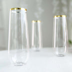 6 Pack Plastic Champagne Glasses in Clear with Gold Rim, Reusable Lightweight Champagne Flutes 9oz