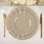 10-Pack Plastic 9" Round Dinner Plates in Taupe Ruffled Rim with Gold Edging - Sturdy Disposable Dinnerware