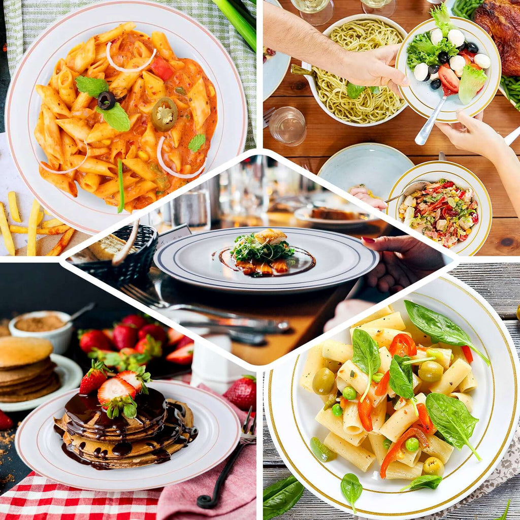 10-Pack Plastic Dinner Plates White with TrÃ¨s Chic Silver Rim - Perfect Disposable Party Plates 10"