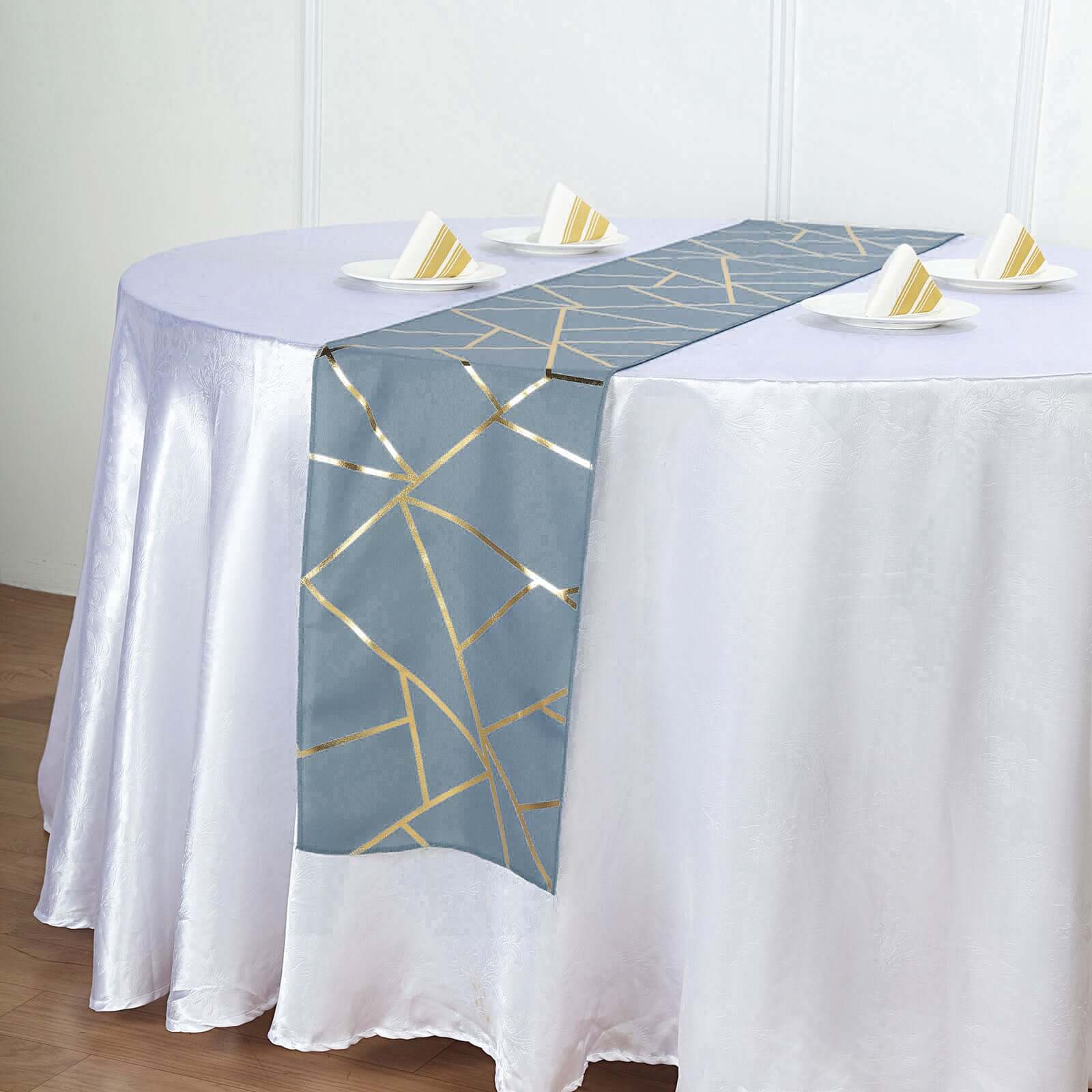Polyester 9ft Table Runner Dusty Blue with Gold Foil Modern Geometric Accent