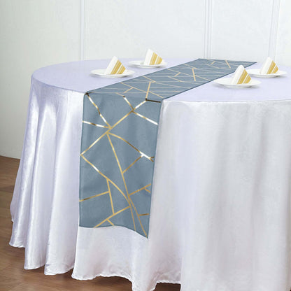 Polyester 9ft Table Runner Dusty Blue with Gold Foil Modern Geometric Accent