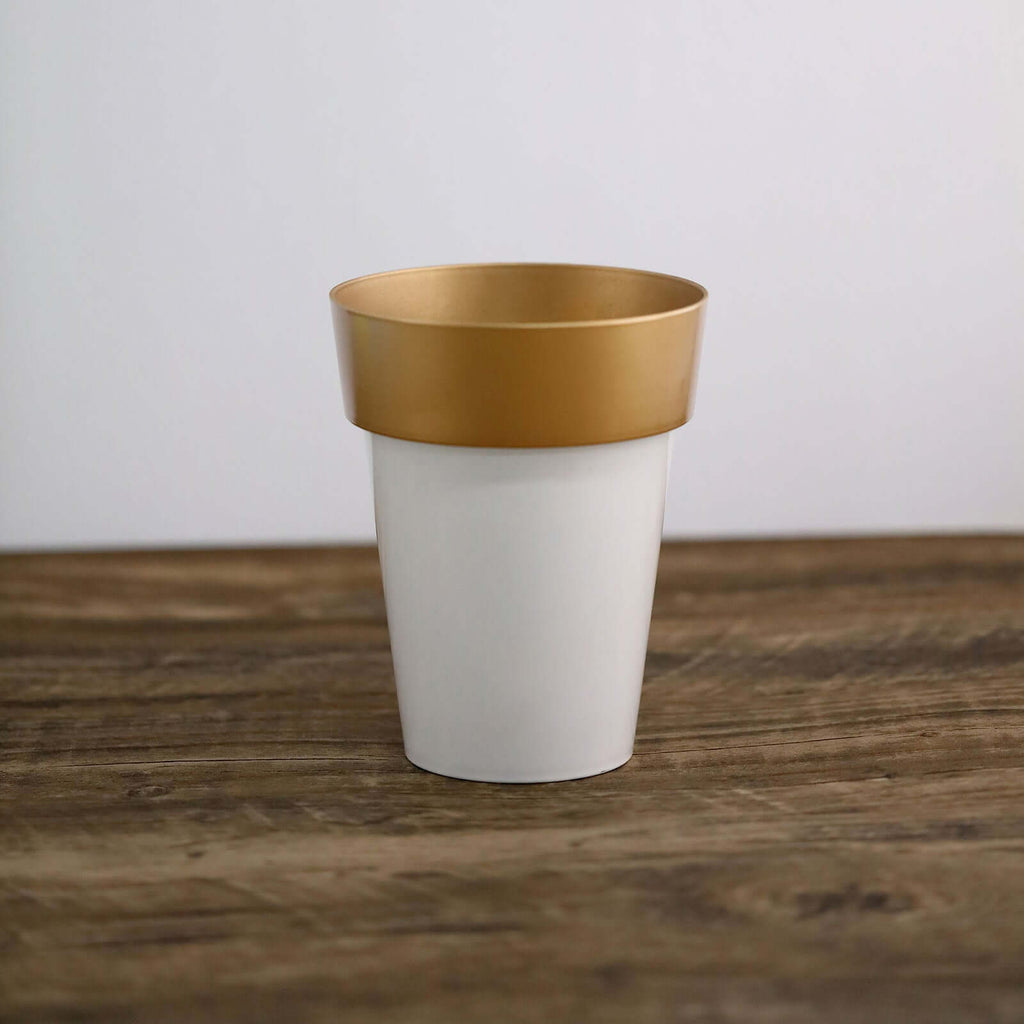 2-Pack Flower Plant Pots Medium Design White with Gold Rim - Plastic Indoor Decorative Planters 6"