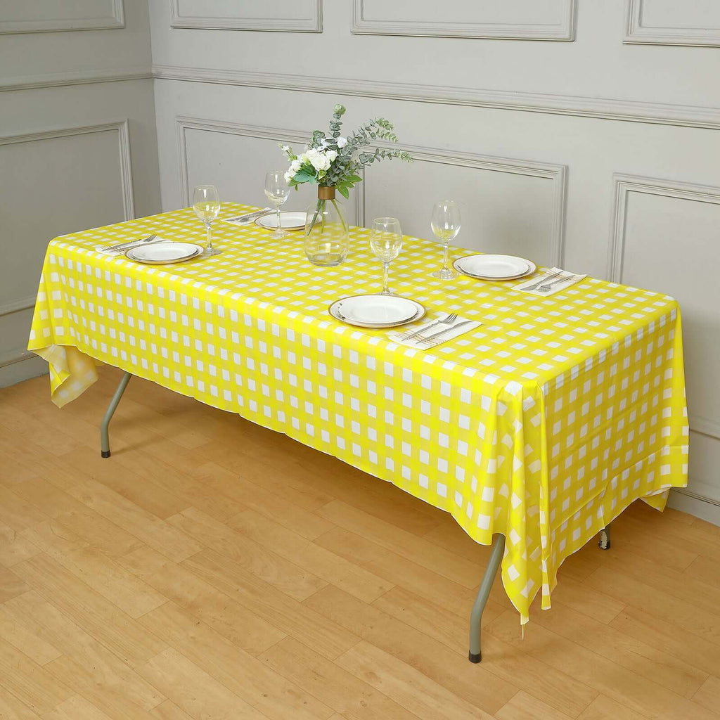 Plastic Table Cover White/Yellow Checkered Rectangle - Lightweight PVC Disposable Tablecloth 54"x108"