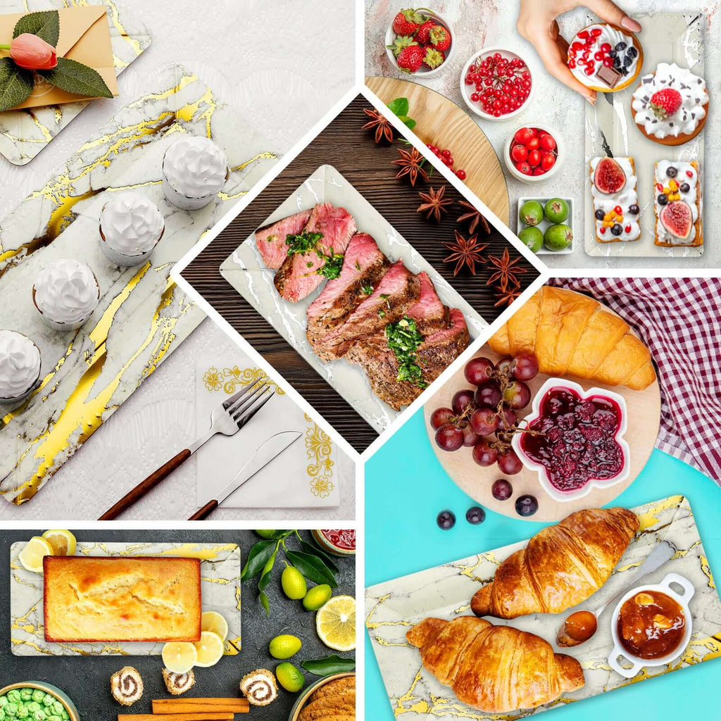 10-Pack Paper 16" Rectangle Serving Trays Black/Gold - Durable 1100GSM Disposable Food Platters with Modern Marble Design for Dessert Tables & Food Stations