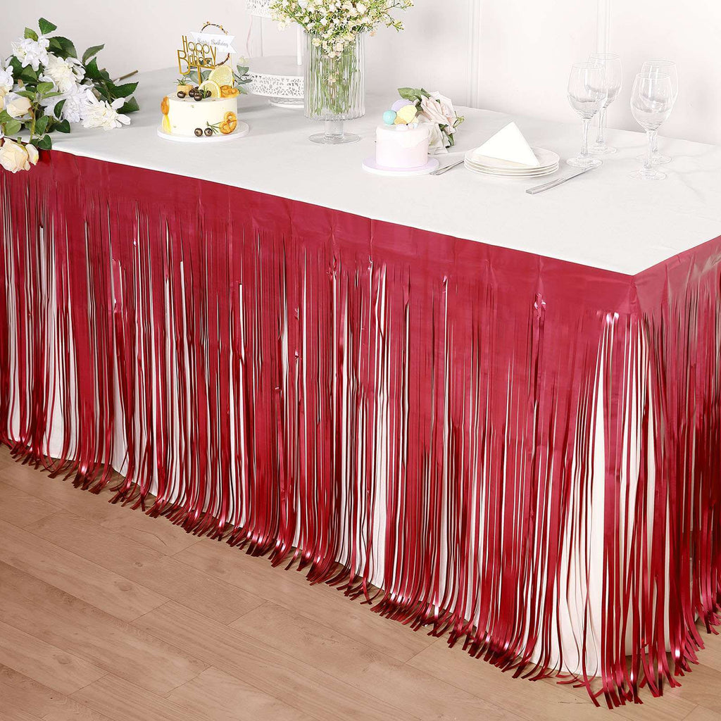Metallic Foil Fringe Table Skirt Matte Red with Self Adhesive Backing - Durable Tinsel Skirt for Parties 30"x9ft