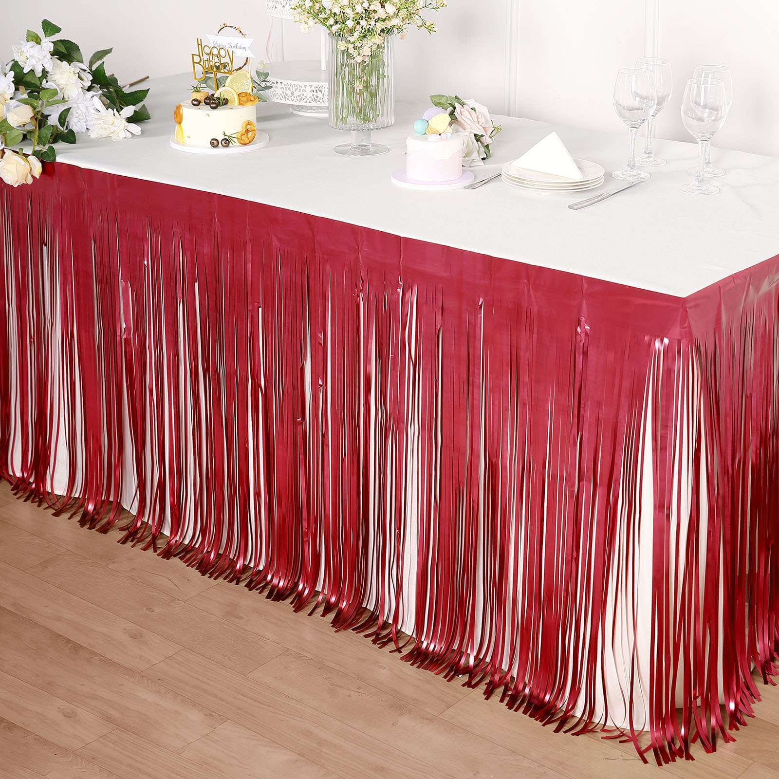 Metallic Foil Fringe Table Skirt Matte Red with Self Adhesive Backing - Durable Tinsel Skirt for Parties 30"x9ft