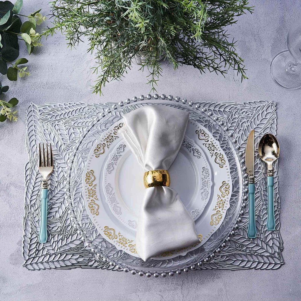 6-Pack Table Mats Wheat Design Silver - Vinyl Rectangle Non-Slip Surface for Stylish Settings 12"x18"