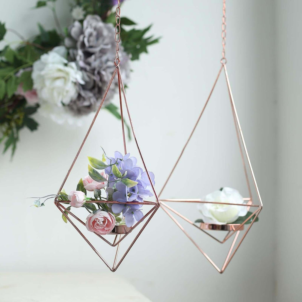 Set of 2 Hanging Tealight Candle Holders Rose Gold Metal Diamond Geometric Open Frame - Flower Terrariums 12", 15"