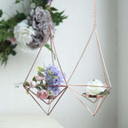 Set of 2 Hanging Tealight Candle Holders Rose Gold Metal Diamond Geometric Open Frame - Flower Terrariums 12", 15"