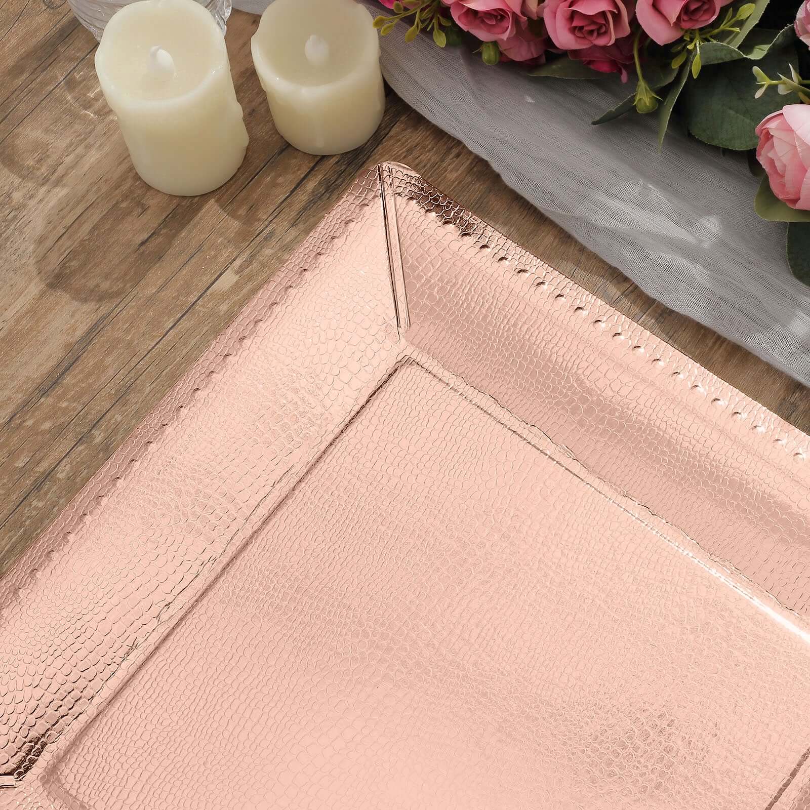 10-Pack Disposable Square Charger Plates in Rose Gold with Leather Like Texture - 1100GSM Durable Paper Chargers for Sophisticated Events 13"
