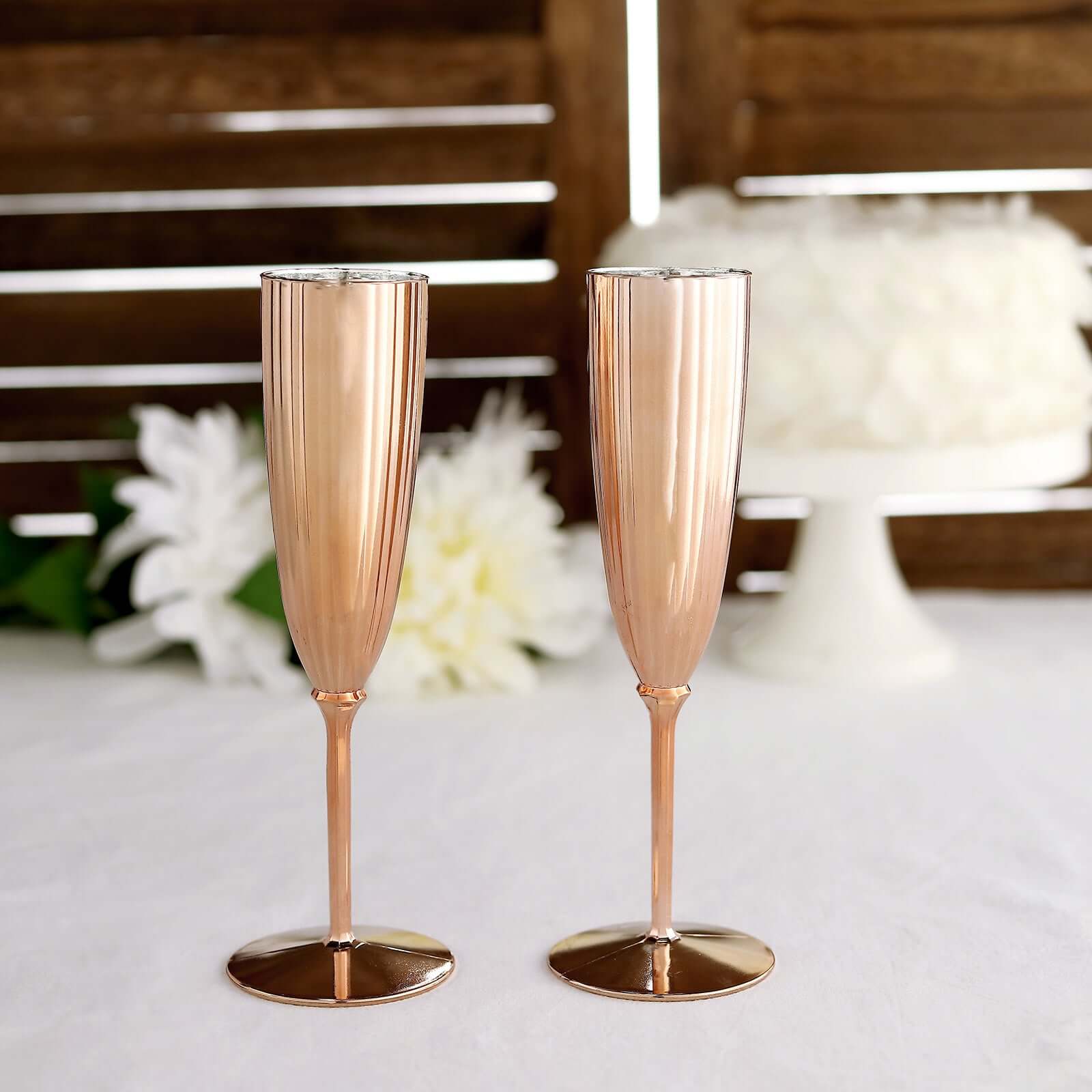 6-Pack Plastic Champagne Flutes in Metallic Rose Gold - Classy Disposable Champagne Glasses for Toasting & Cocktail Parties 5oz