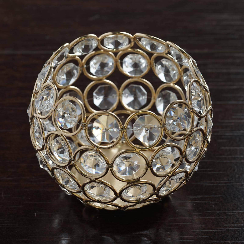 Crystal Beaded Metal Votive Tealight Holder Round Gold - Chic Multipurpose Table Vase for Events 4"
