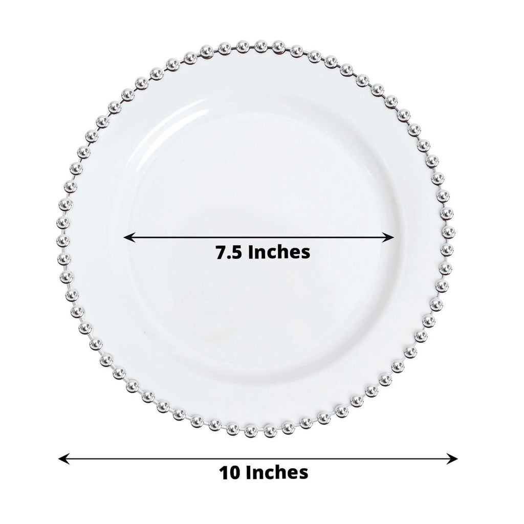 10-Pack Plastic 10" Round Dinner Plates in White with Silver Beaded Rim - Disposable Party Plates for Banquets & Festive Occasions