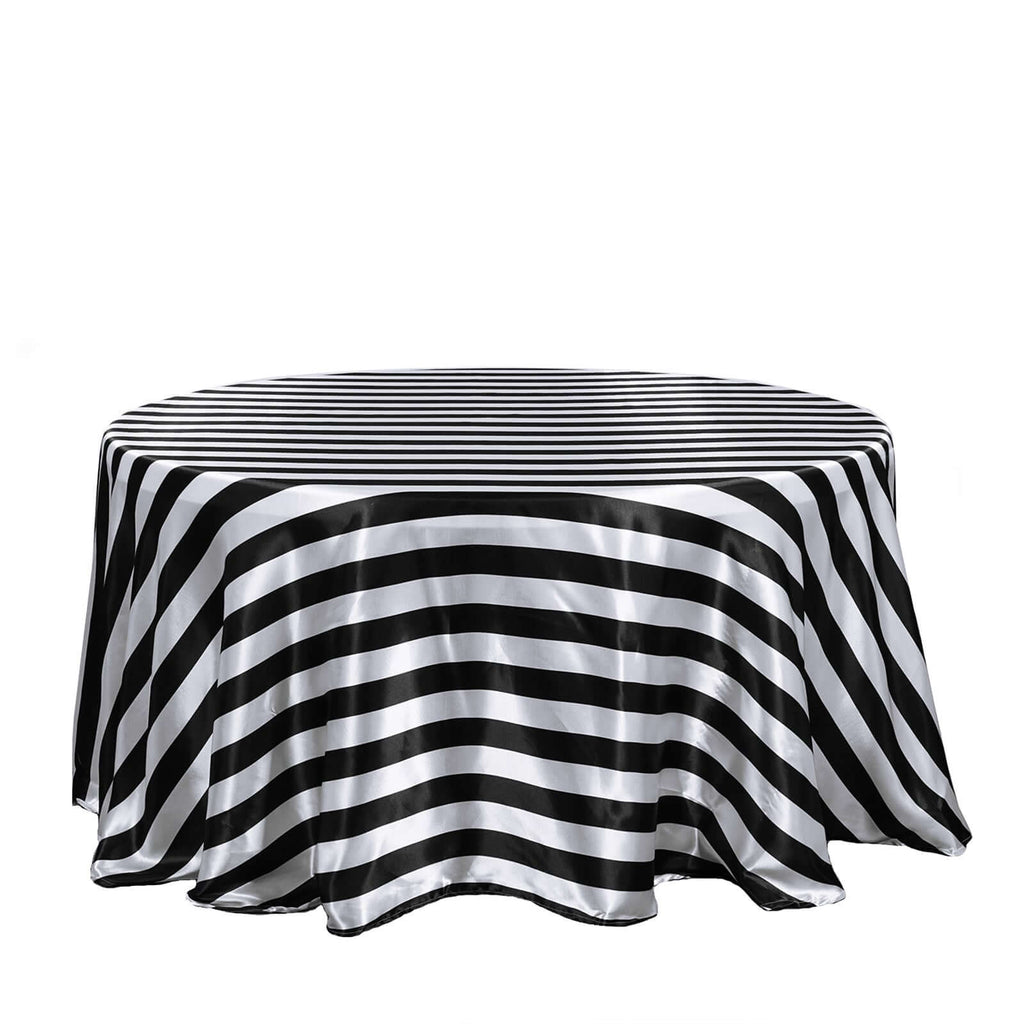 Satin 120" Round Tablecloth Black/White - Stripe Design with Seamless Silky Smooth Finish Table Cover