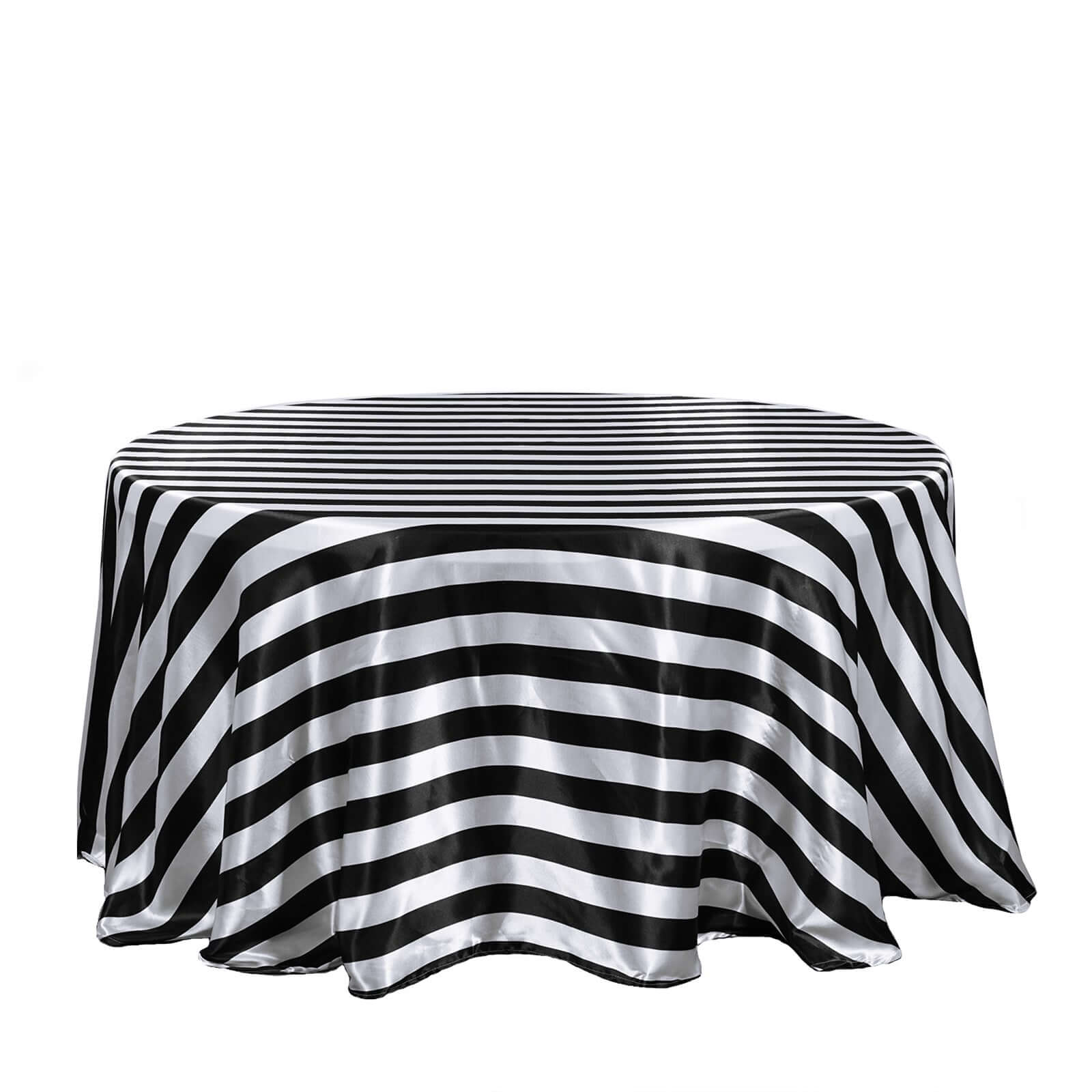 Satin 120" Round Tablecloth Black/White - Stripe Design with Seamless Silky Smooth Finish Table Cover