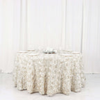 Satin 120" Round Tablecloth Ivory - Grandiose 3D Rosette with Seamless Finish Table Cover