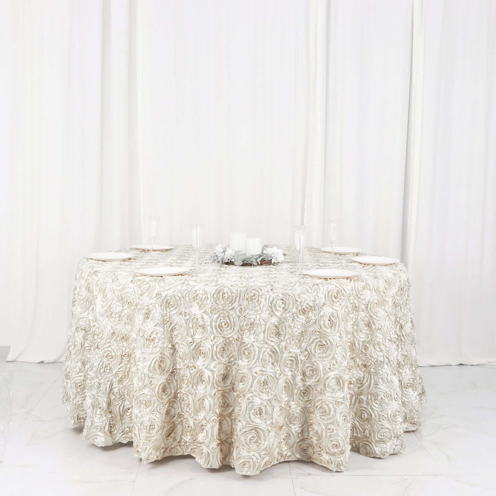Satin 120" Round Tablecloth Ivory - Grandiose 3D Rosette with Seamless Finish Table Cover