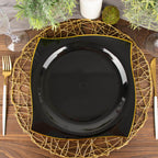 10-Pack Plastic 10" Square Dinner Plates in Black with Gold Wavy Rim Modern - Disposable Party Plates