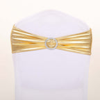 5 Pack Metallic Spandex Chair Sashes Gold - Stretch Fit Chair Bands With Round Diamond Buckles for Glamorous Event Decor