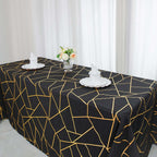 Polyester 90"x132" Rectangle Tablecloth Black Seamless with Gold Foil Geometric Pattern - Wrinkle-Resistant Seamless Table Cover
