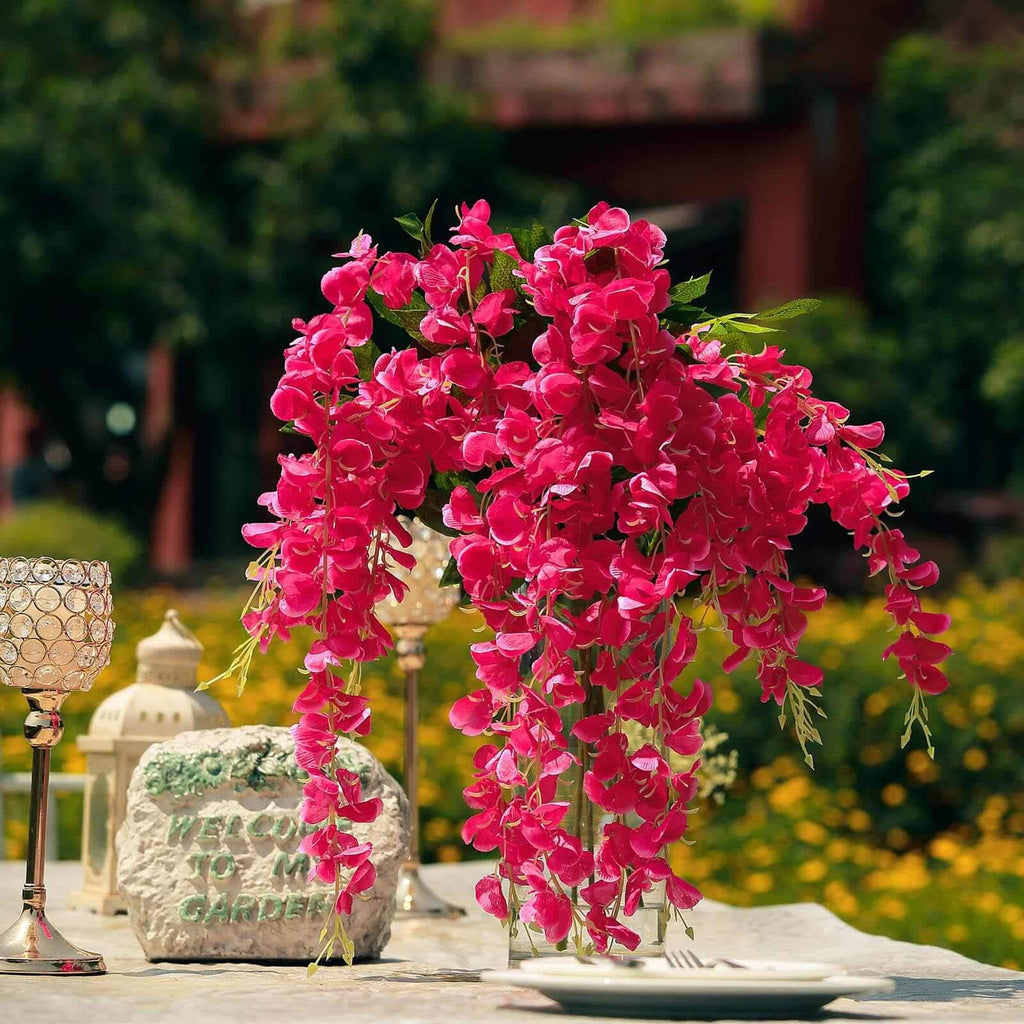 5 Pack 44" Silk Hanging Wisteria Flower Garland Vines in Fuchsia, 3 Strands in 1 Bush