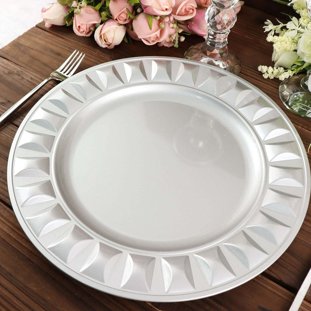 6-Pack Plastic Round Charger Plates 13" in Silver with Bejeweled Rim, Luxe Decorative Dinner Party Charger Tableware