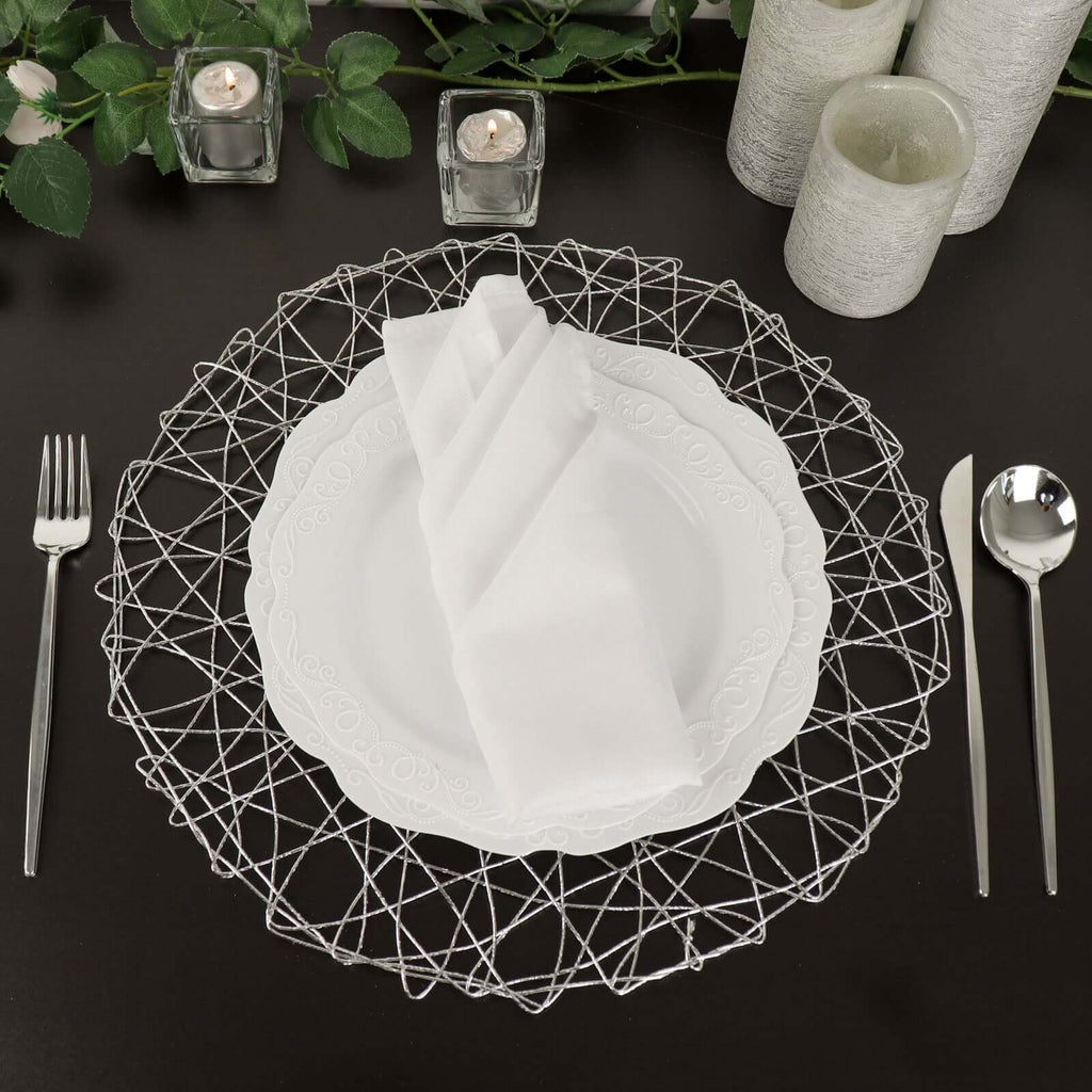 6-Pack Table Placemats Woven Fiber Design Silver Round - Disposable Mats for Dining and Events 15"