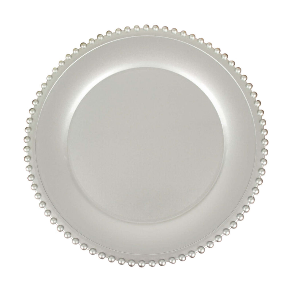 6-Pack Acrylic Round Charger Plates 13" in Silver with Beaded Rim, Decorative Dinner Party Charger Tableware