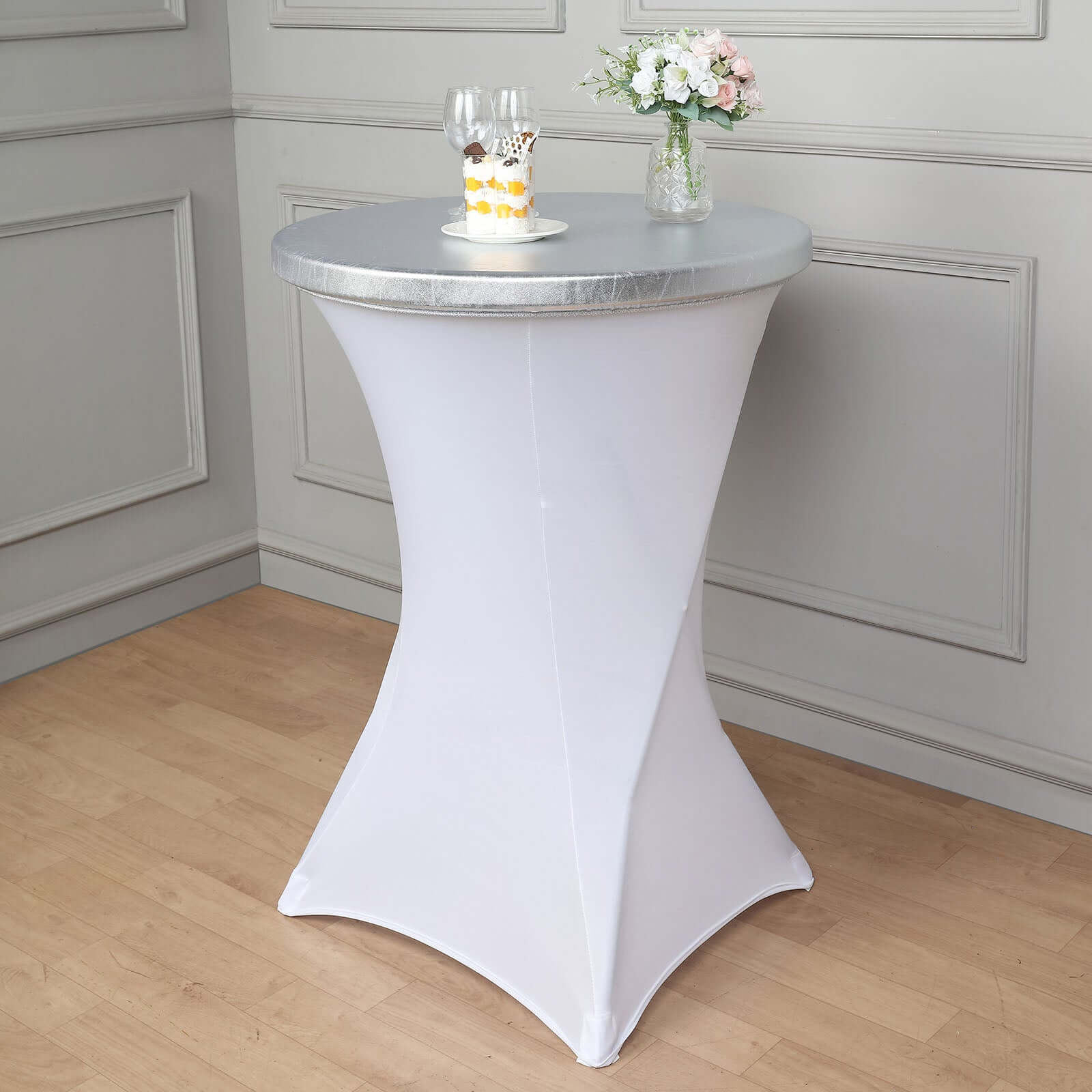 Spandex Cocktail Table Top Cover Fitted Metallic Silver - Stretchy & Wrinkle Free Topper