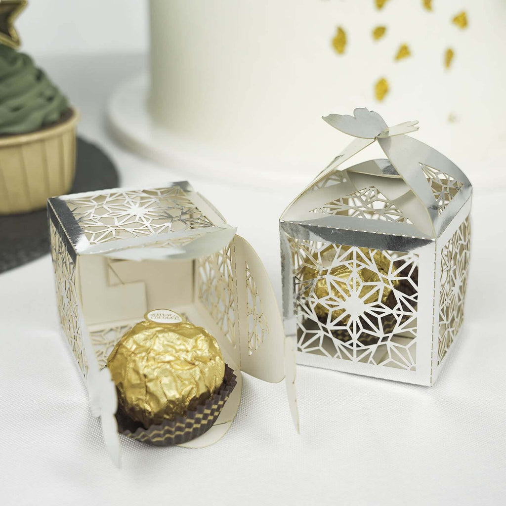25 Pack Silver Butterfly Top Laser Cut Lace Favor Candy Gift Boxes