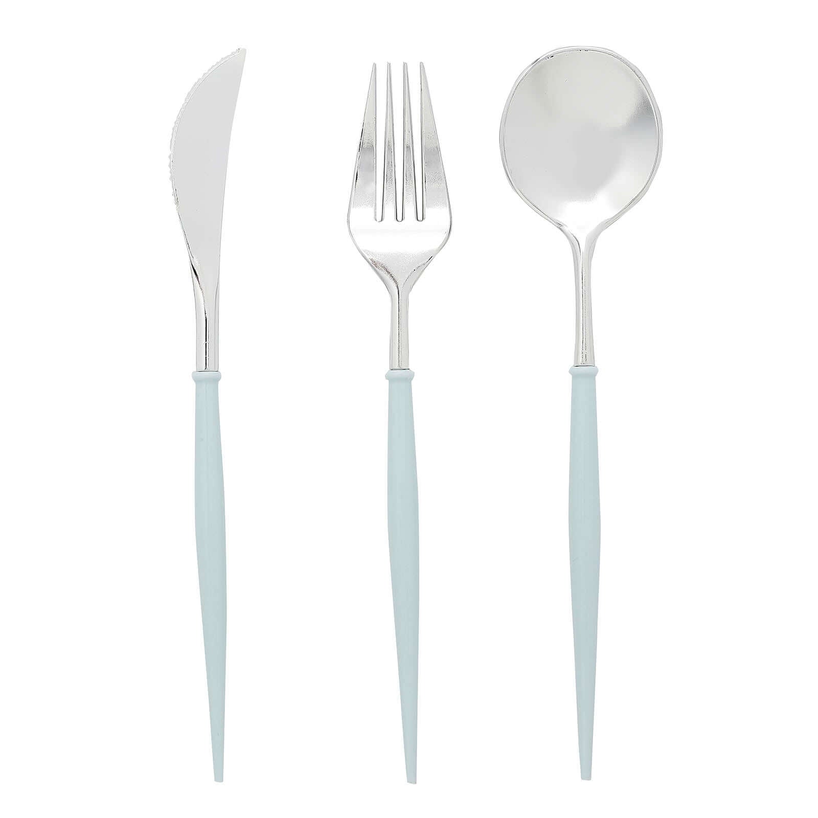 24-Pack Plastic Flatware Set in Silver with Light Blue Handle - Heavy Duty Disposable Modern Silverware 8"