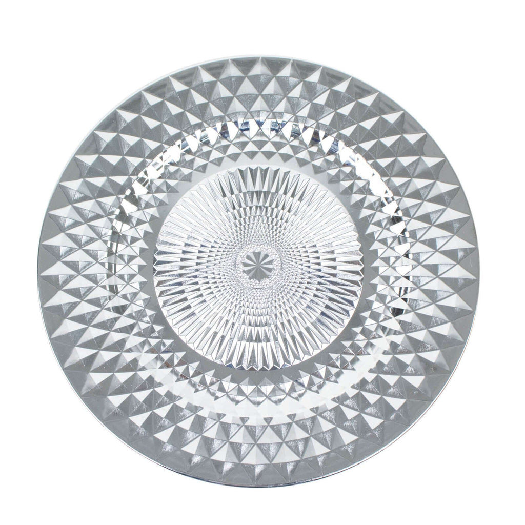 6-Pack Plastic Round Charger Plates 13" in Silver with Diamond Pattern, Sparkling Disposable Dinner Charger Tableware