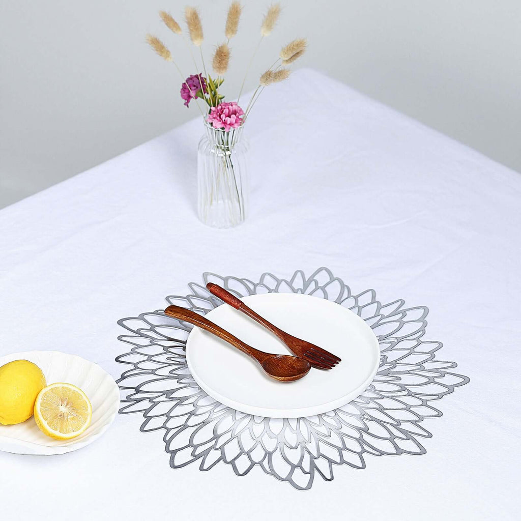 6-Pack Dining Table Mats Floral Design Silver - Metallic Vinyl Round Non-Slip Mats for Tables 15"