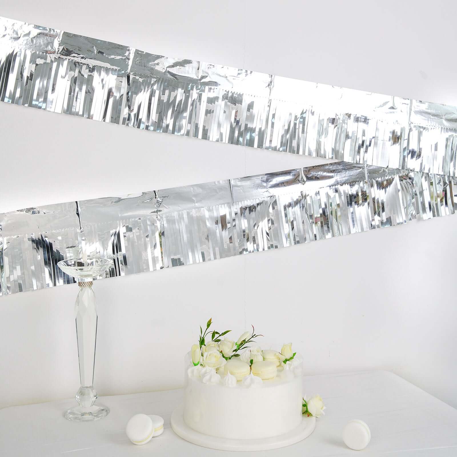 16ft Metallic Silver Foil Tassel Fringe Backdrop Banner, Tinsel Garland Decor