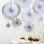 Set of 8 Silver White Hanging Paper Fan Decorations, Pinwheel Wall Backdrop Party Kit - 4", 8", 12", 16"