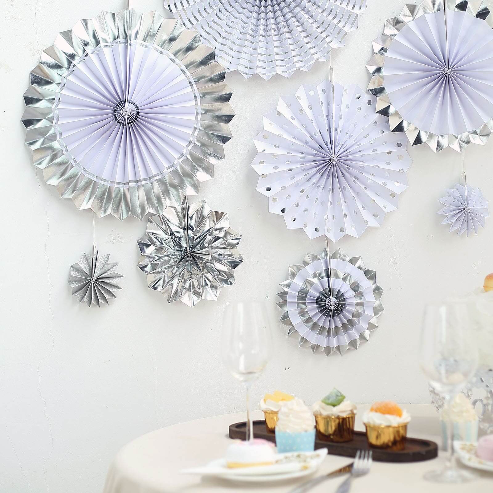 Set of 8 Silver White Hanging Paper Fan Decorations, Pinwheel Wall Backdrop Party Kit - 4", 8", 12", 16"