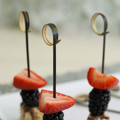 100-Pack Bamboo Cocktail Sticks Black Loop Ring Decorative Top Design - Eco Friendly Party Picks 5"