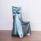 Satin Chair Cover Self-Tie Universal Design Dusty Blue - Durable Slip-On Cover for Folding, Dining, Banquet & Standard Chairs