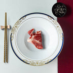 10-Pack Plastic Round Soup Bowl in White with Gold Vine & Royal Blue Rim - Sturdy Disposable Salad Dessert Bowls for Catering & Events 12oz