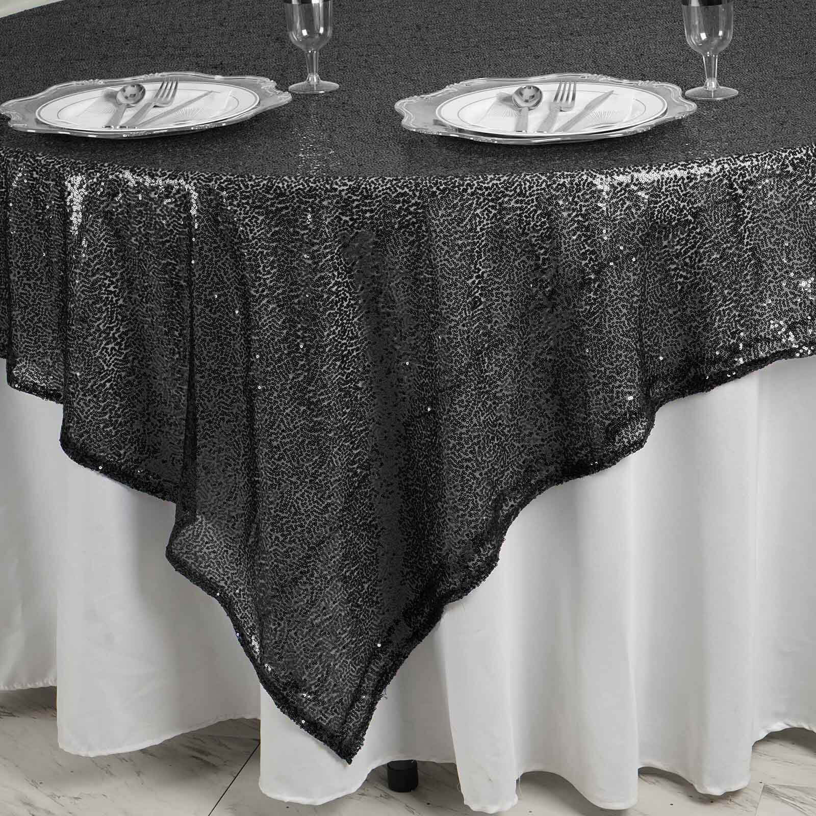 Sequin 90"x90" Table Overlay Square Tablecloth Black - Sparkly Table Cover