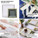10-Pack Plastic Dinner Plates White Square with Rose Gold Trim - Lightweight Disposable Plates for Events 10"