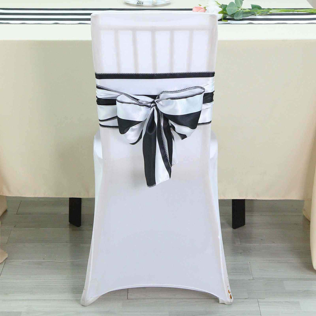 5 Pack Satin 6"x108" Chair Sashes Black/White Stripes - Sophisticated Decor for Weddings & Gatherings
