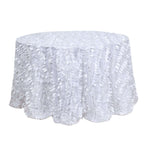 Taffeta 120" Round Tablecloth White | 3D Leaf Petal Design Seamless Table Cover for Chic Wedding & Event Decor