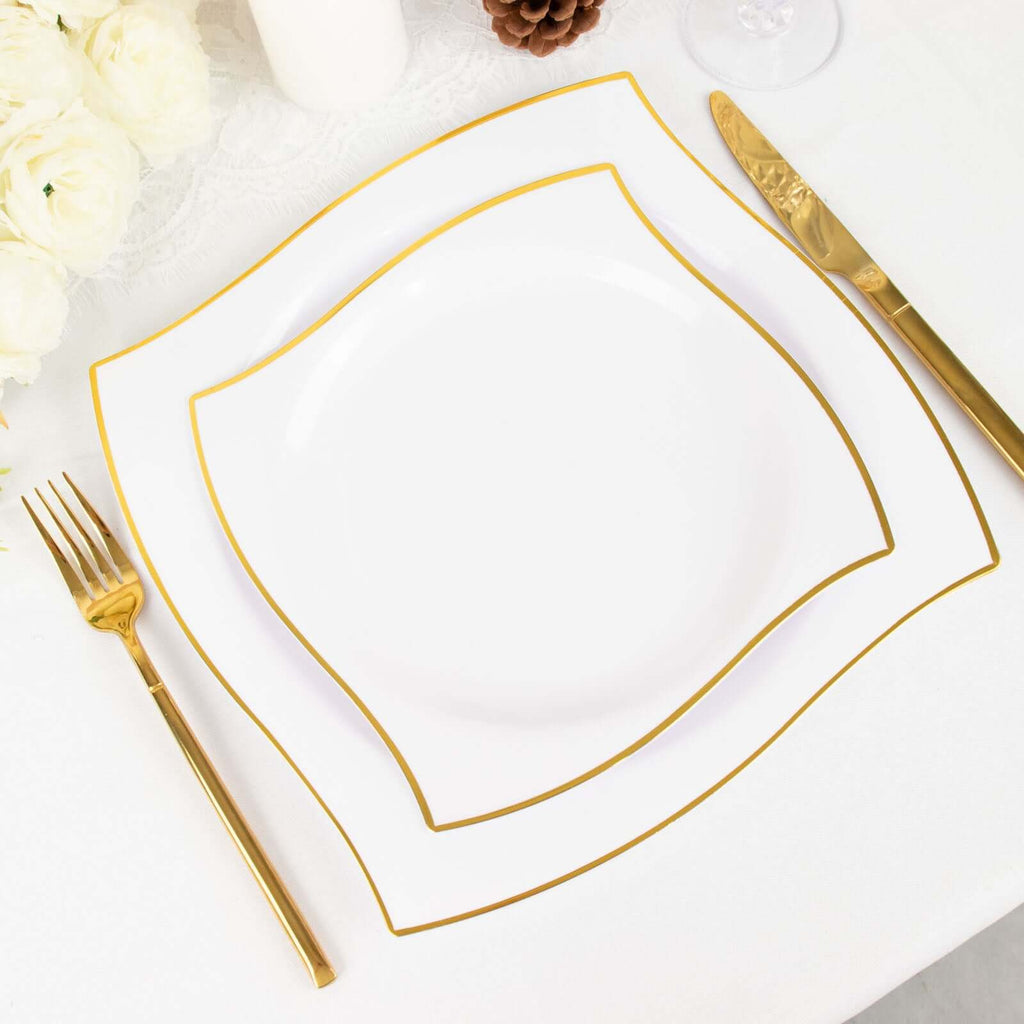 10-Pack Plastic 8" Square Dessert Plates in White with Gold Wavy Rim Modern - Disposable Salad Appetizer Party Plates for Luxe Events & Banquets