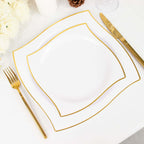 10-Pack Plastic 8" Square Dessert Plates in White with Gold Wavy Rim Modern - Disposable Salad Appetizer Party Plates for Luxe Events & Banquets